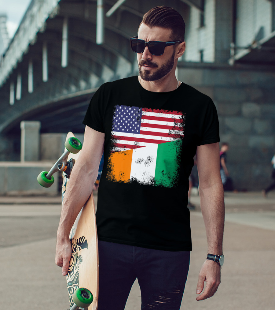 Half Ivorian Flag Vintage Cote D'I With Distressed USA Flag T-Shirt