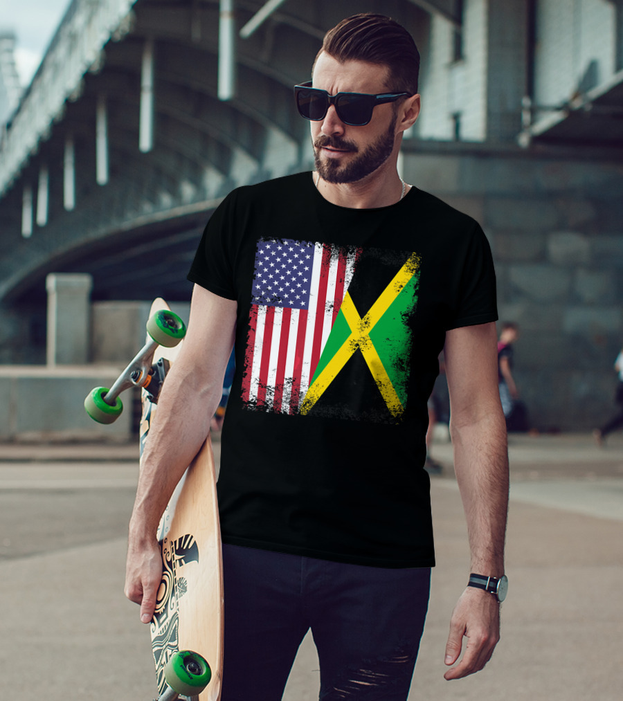Half Jamaican Flag Vintage Jamaica U.S.A. Flag Overlay T-Shirt