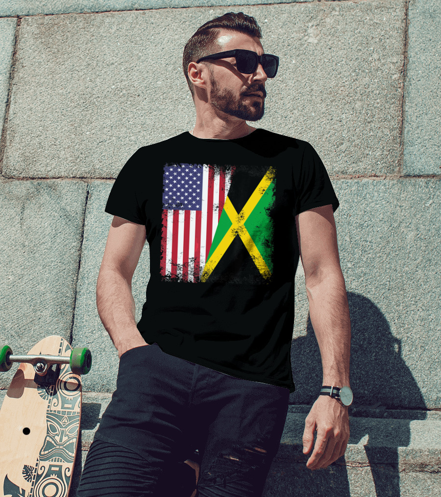 Half Jamaican Flag Vintage Jamaica U.S.A. Flag Overlay T-Shirt
