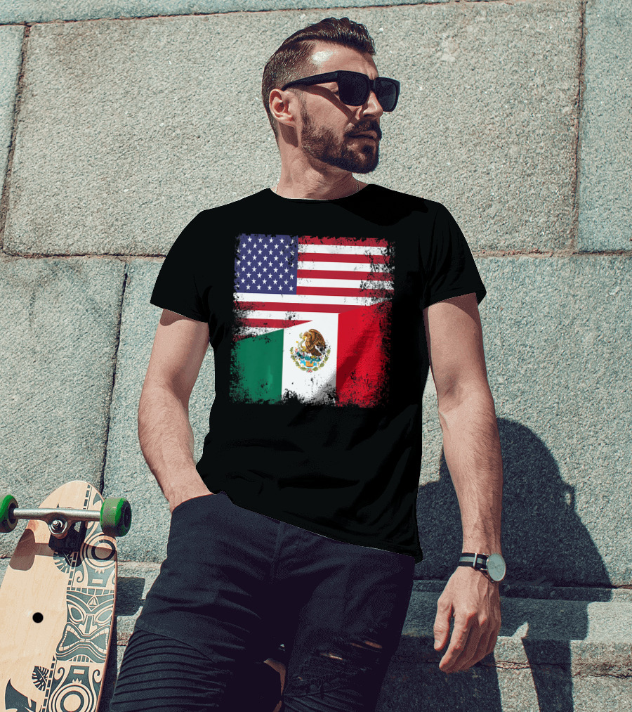 Half Mexican Flag Vintage Mexico U.S. American Flag Dual Heritage T-Shirt