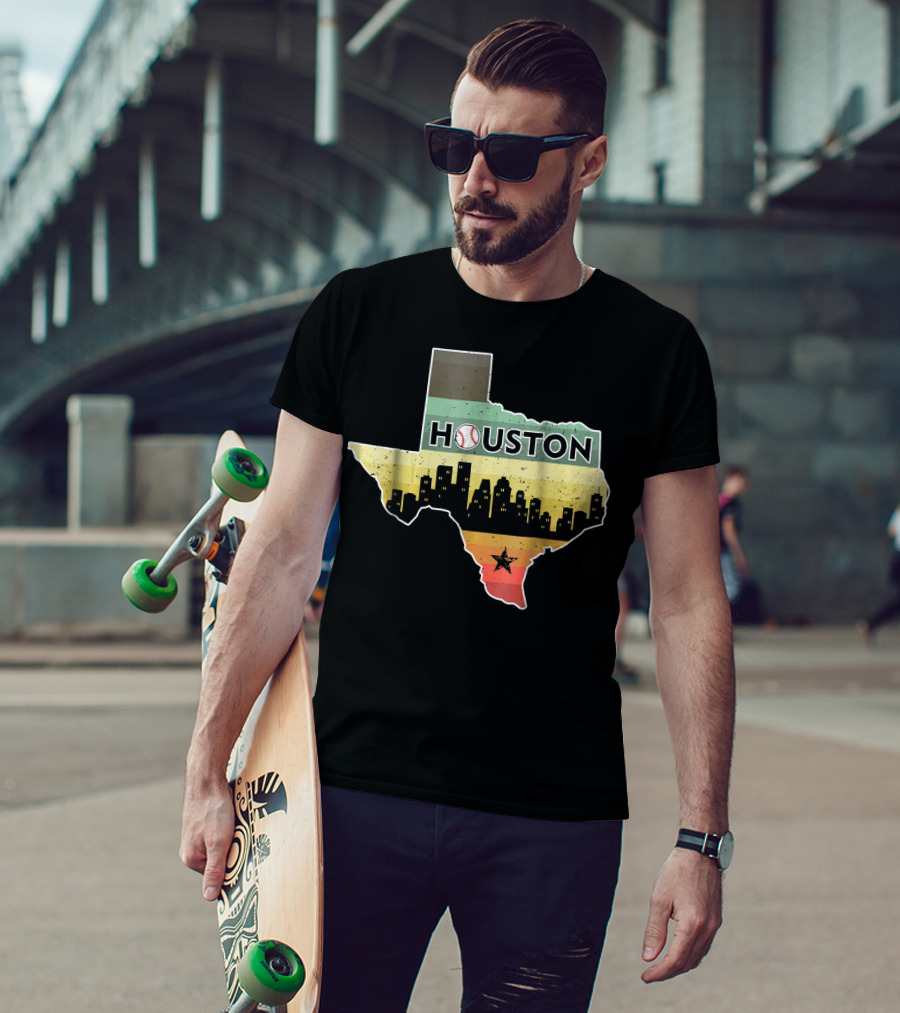 Houston Baseball Skyline With Texas Map And Retro Stripes T-Shirt