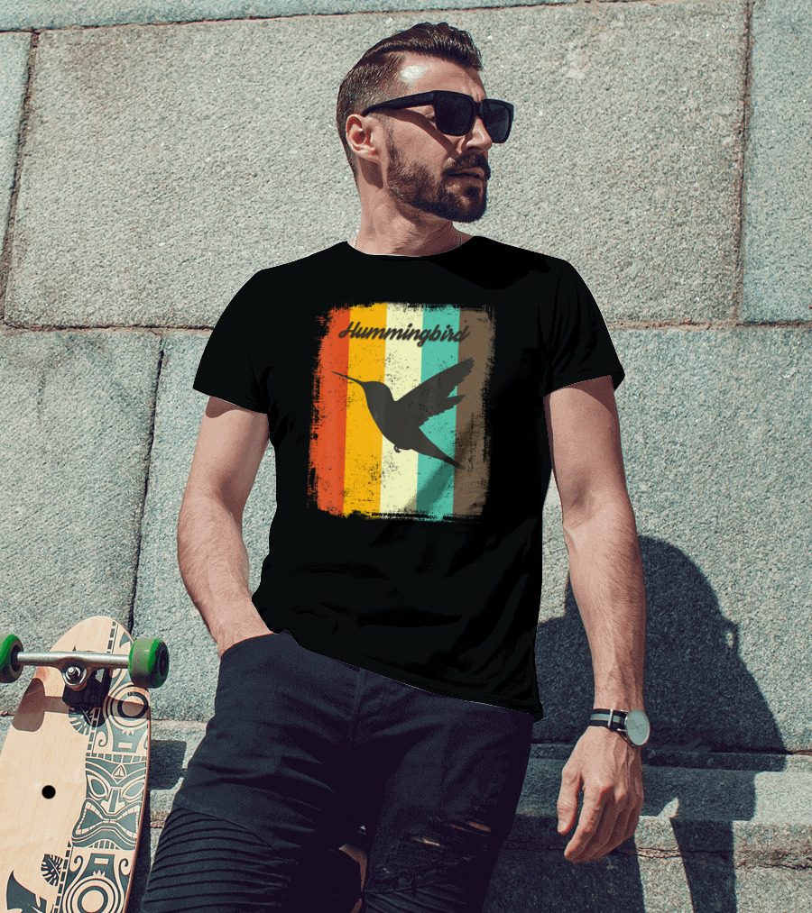 70s Vintage Hummingbird Silhouette Retro Stripes T-Shirt