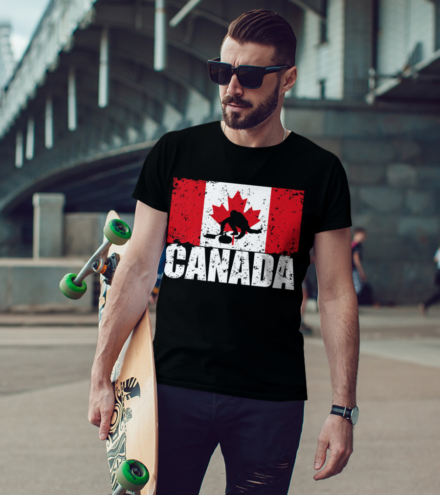 Canadian Flag Curling Silhouette Against Distressed Flag Design With Bold Canada Lettering T-Shirt