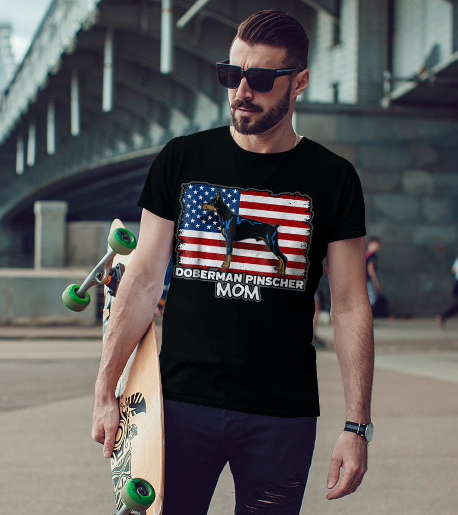 Doberman Pinscher Mom American Flag Background T-Shirt