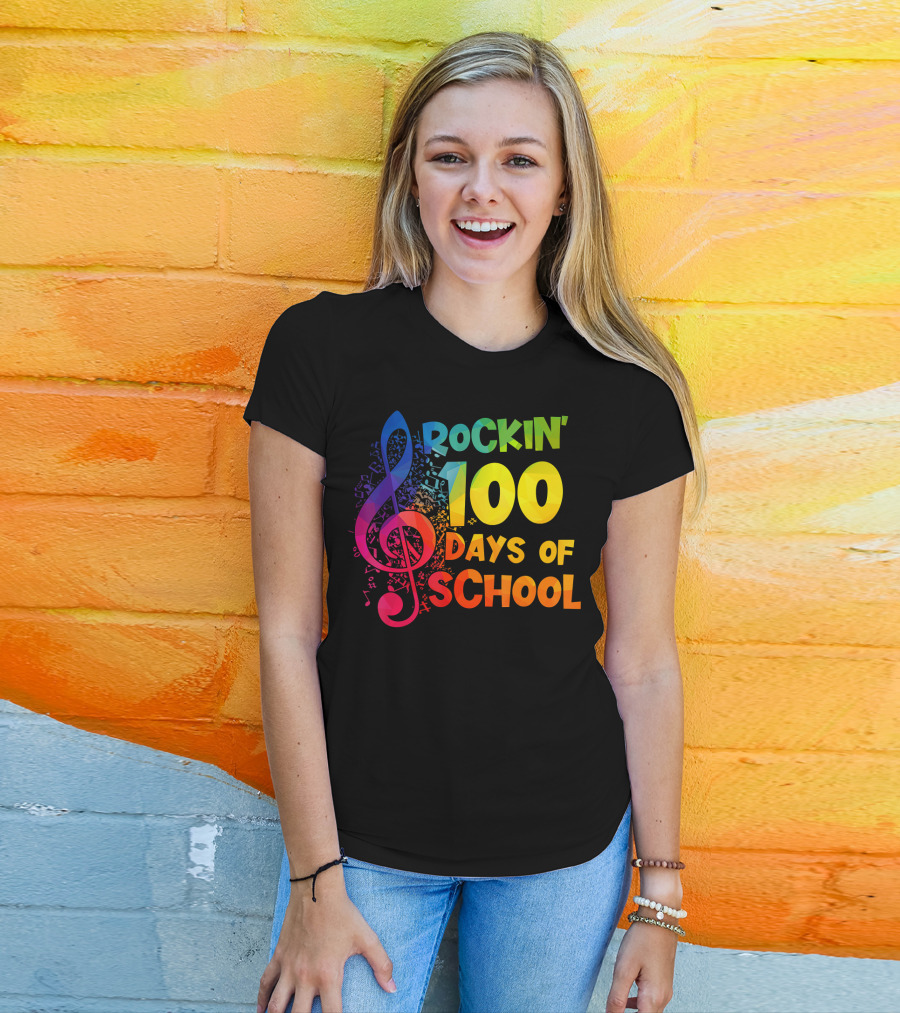 Rockin' 100 Days Of School Music Notes Treble Clef T-Shirt