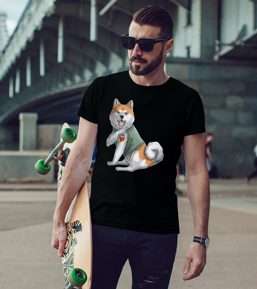 Akita Inu I Love Mom Tattoo Dog With Heart Tattoo Wearing Vest T-Shirt