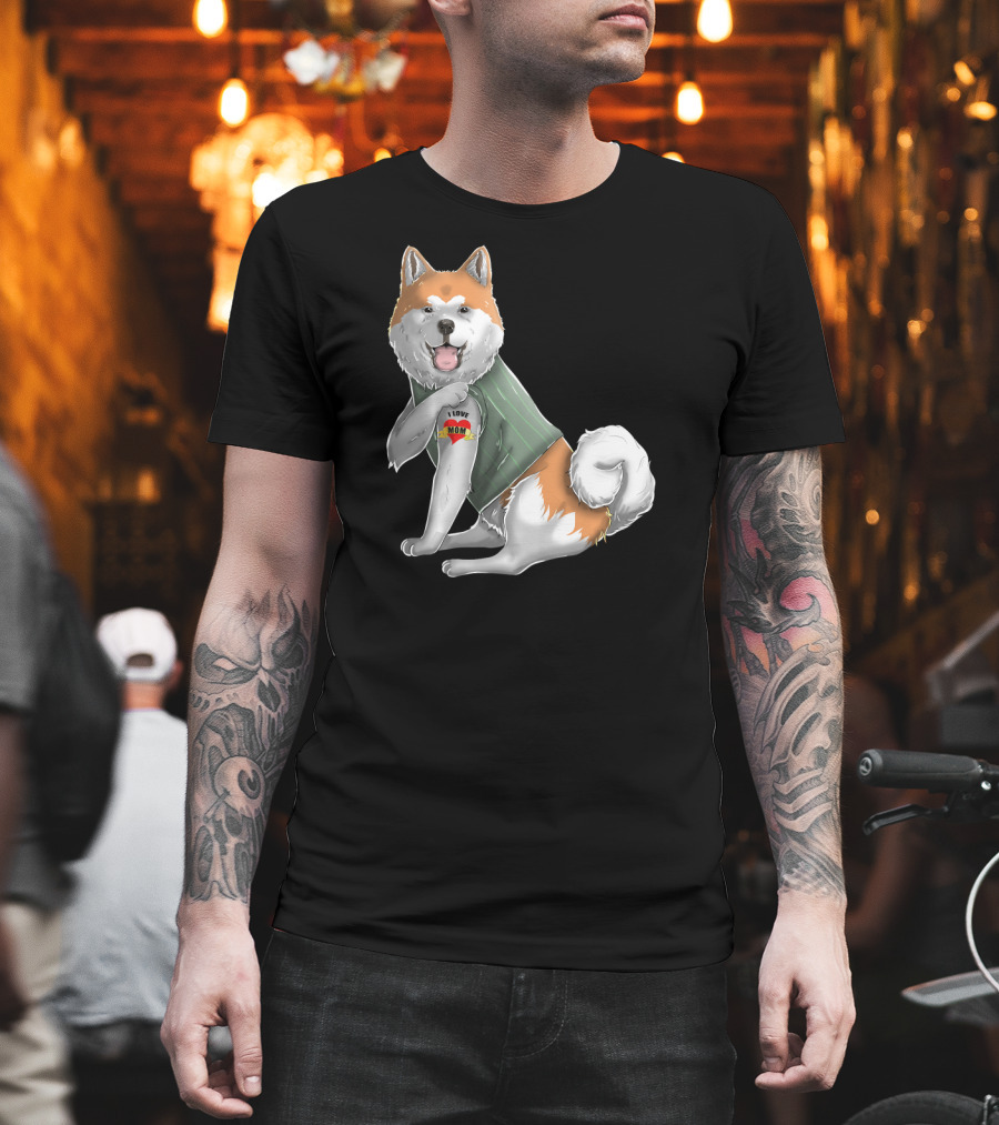 Akita Inu I Love Mom Tattoo Dog With Heart Tattoo Wearing Vest T-Shirt