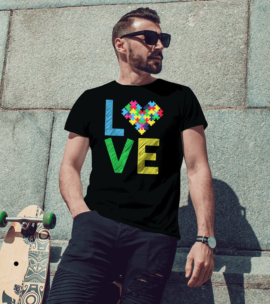 Autism Awareness Love Puzzle Heart Colorful Letters T-Shirt