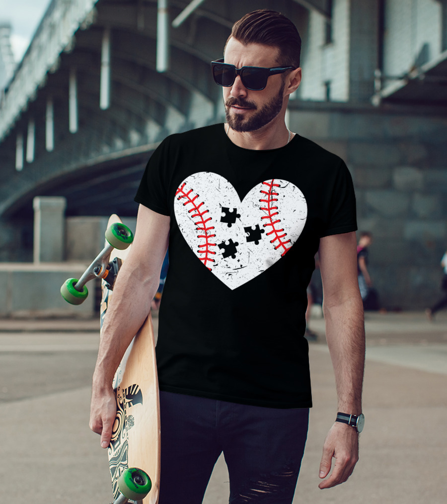 Baseball Heart Autism Puzzle Love T-Shirt