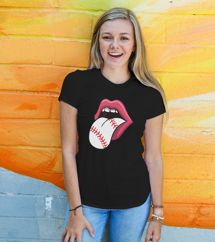 Red Lips Baseball Tongue Kiss T-Shirt