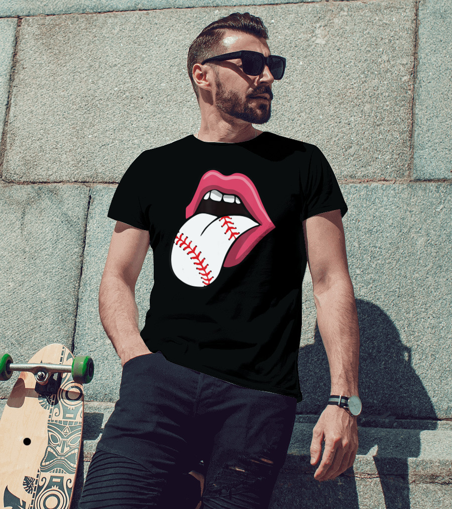 Red Lips Baseball Tongue Kiss T-Shirt