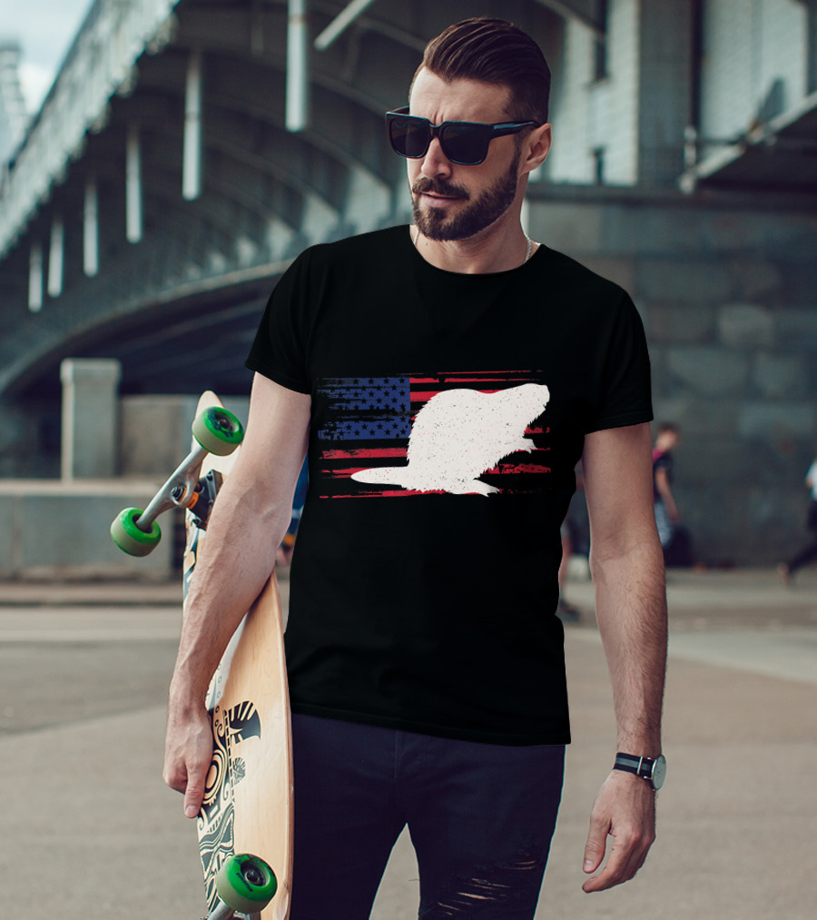 Beaver Silhouette Over Distressed US American Flag Rodent T-Shirt