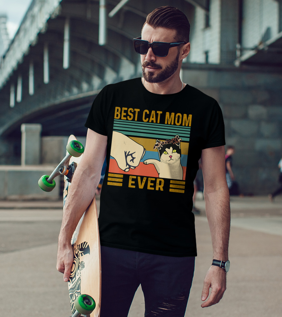 Best Cat Mom Ever Fist Bump Vintage Retro Cat With Headband T-Shirt