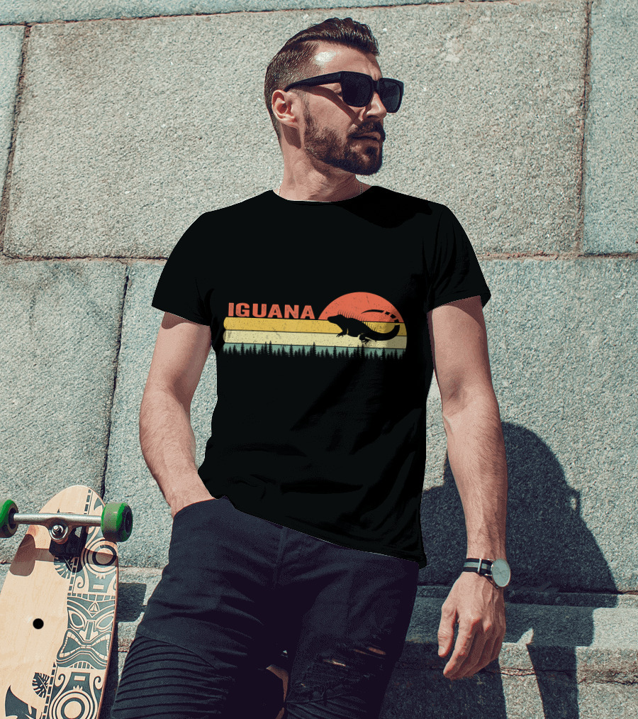 Iguana Silhouette Retro Sunset Forest Stripes T-Shirt