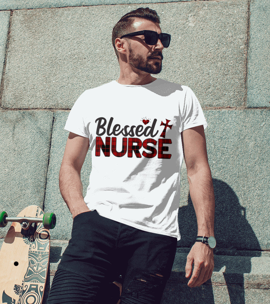 Blessed Nurse Plaid Heart Cross Christian T-Shirt