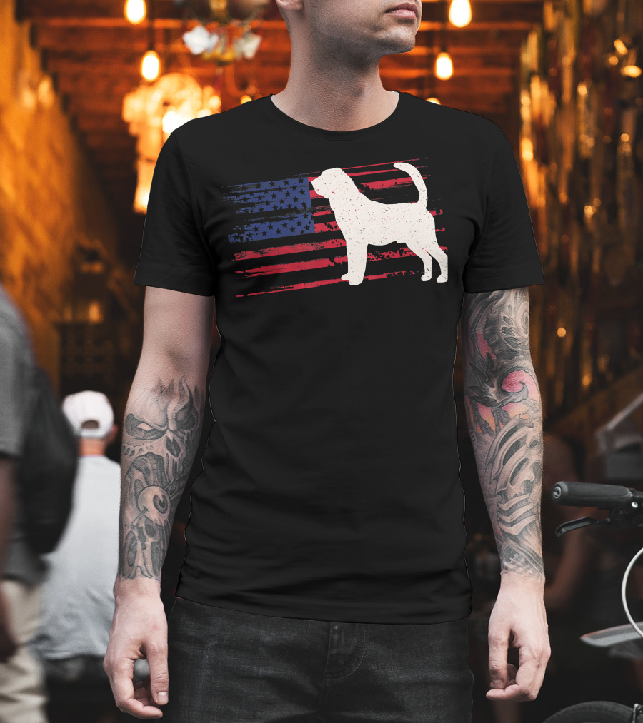 Bloodhound Puppy Silhouette with Distressed American Flag Background T-Shirt