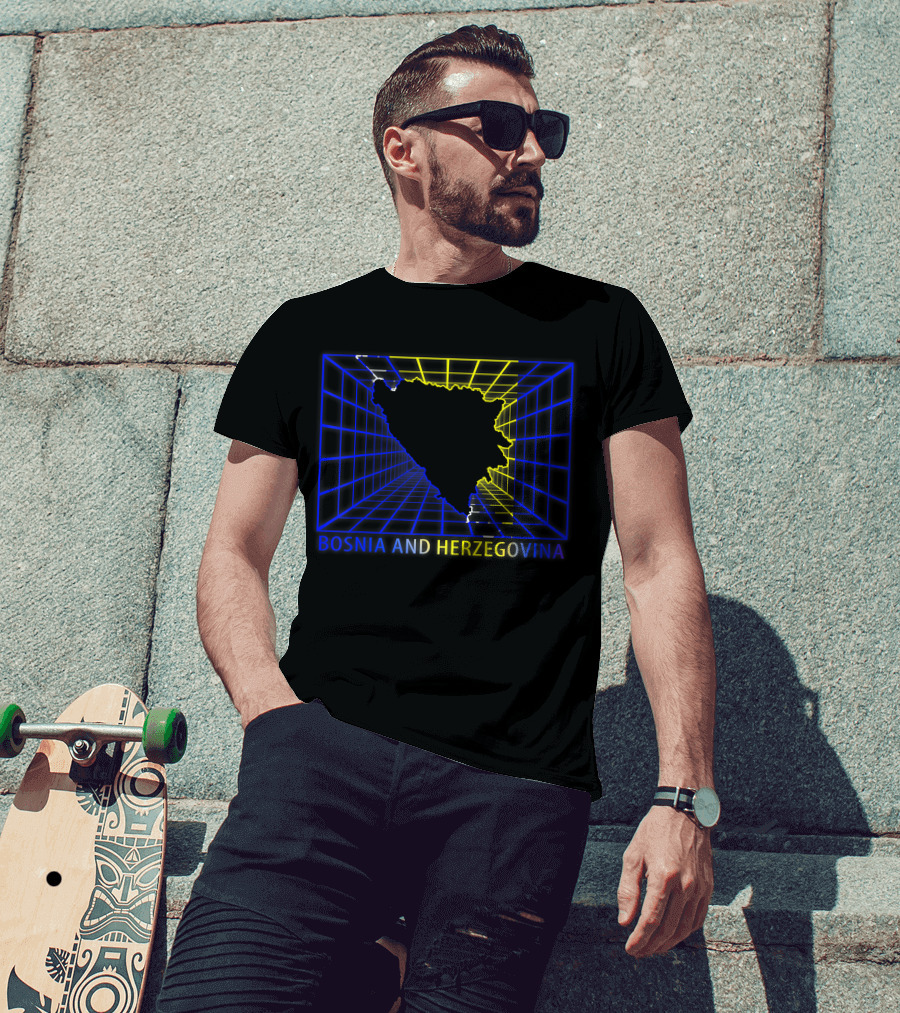 Bosnia And Herzegovina Map Bosnian Neon Grid T-Shirt