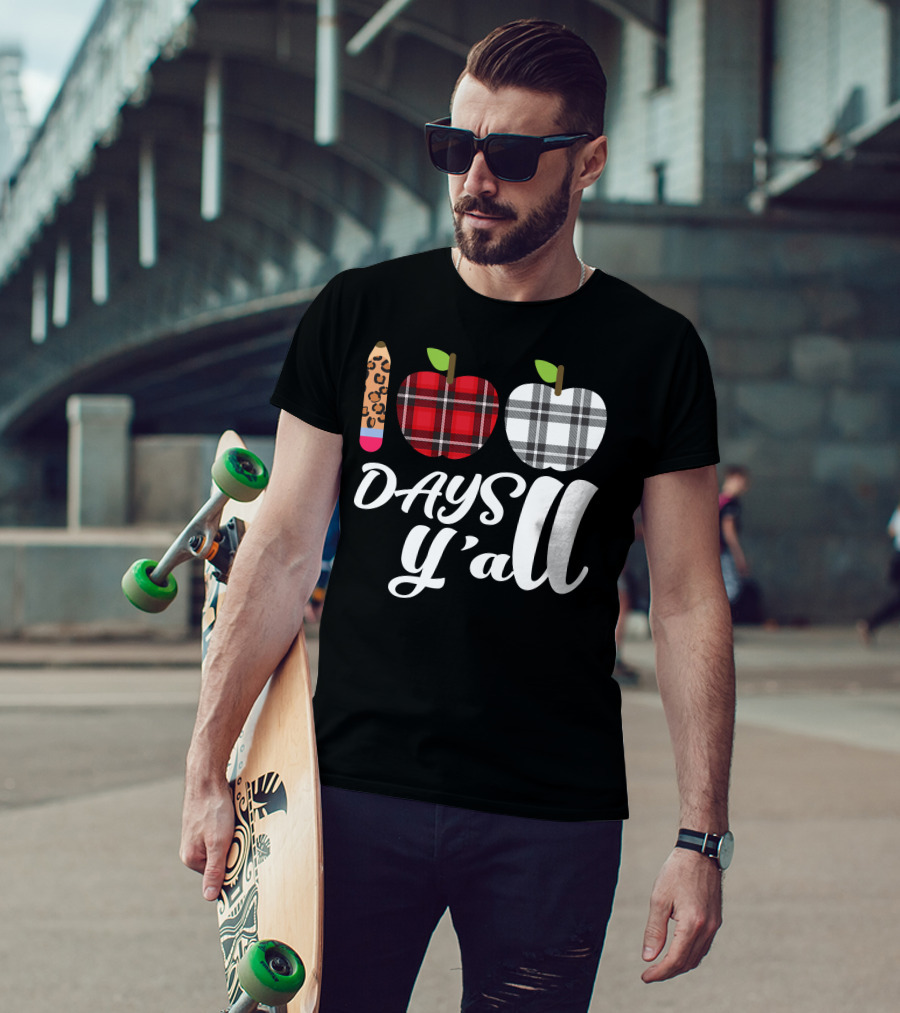 Buffalo Plaid Leopard Pencil 100 Days Y'all Apples T-Shirt