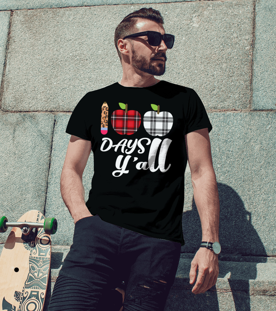 Buffalo Plaid Leopard Pencil 100 Days Y'all Apples T-Shirt