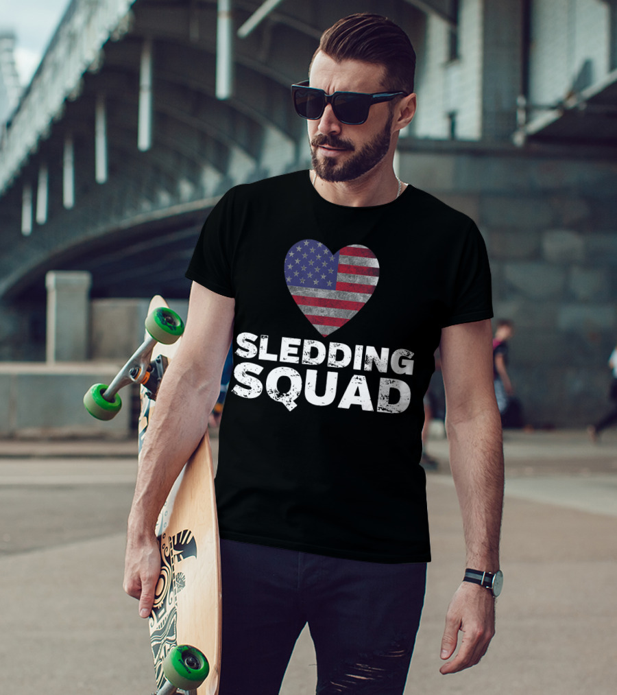 USA Flag Heart Sledding Squad Team T-Shirt