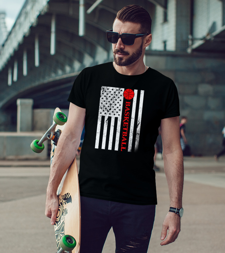 USA Red White Vintage American Flag Basketball T-Shirt