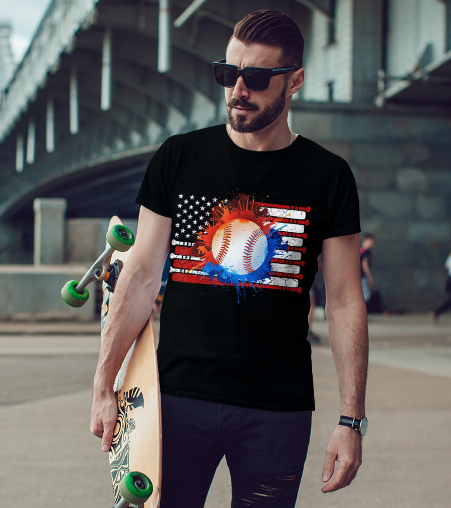 Vintage American Flag Baseball Softball With Paint Splatter And Bat Stripes T-Shirt