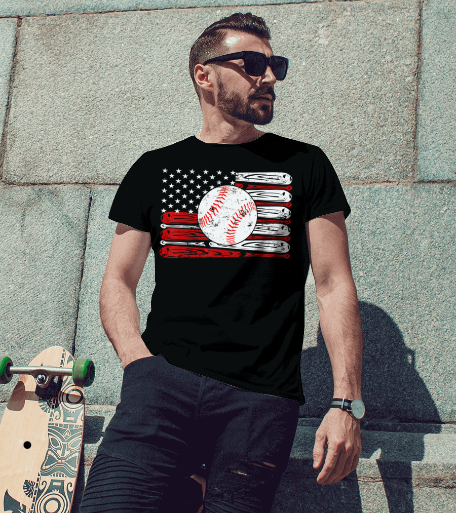 American Flag Vintage Baseball Bat Sports T-Shirt