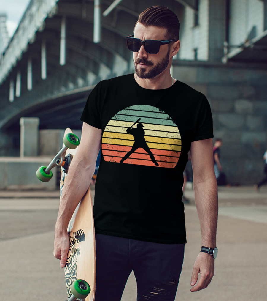 Vintage Baseball Batter Silhouette Retro Sunset Stripes T-Shirt