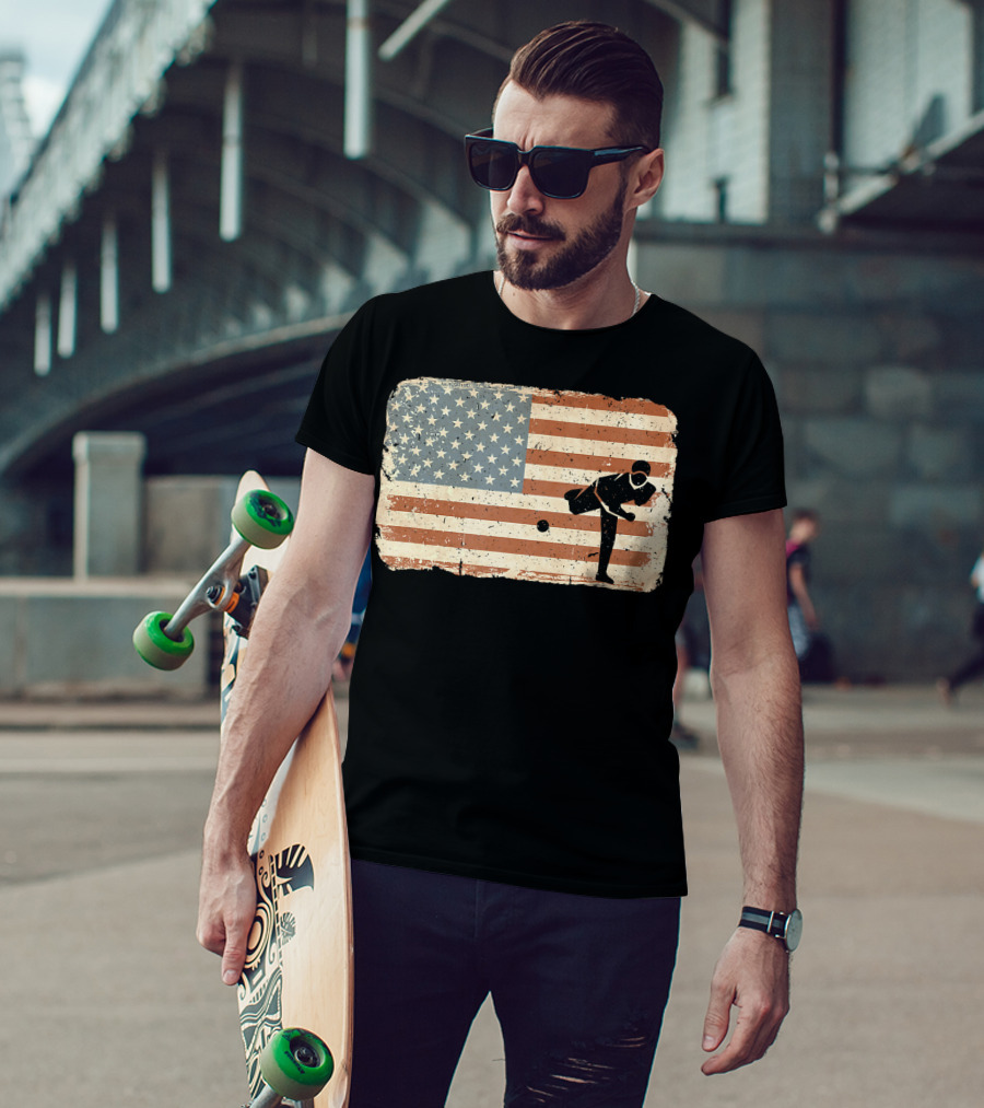 Vintage Baseball Pitcher Silhouette With American Flag Background T-Shirt