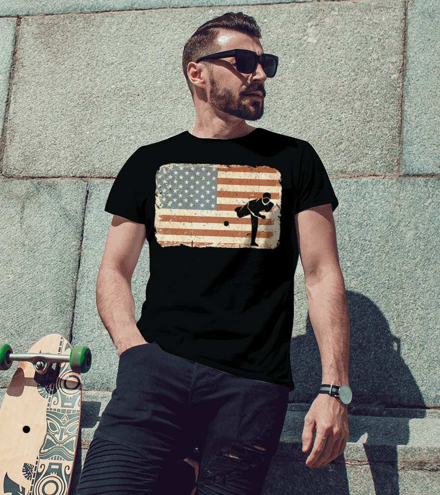 Vintage Baseball Pitcher Silhouette With American Flag Background T-Shirt