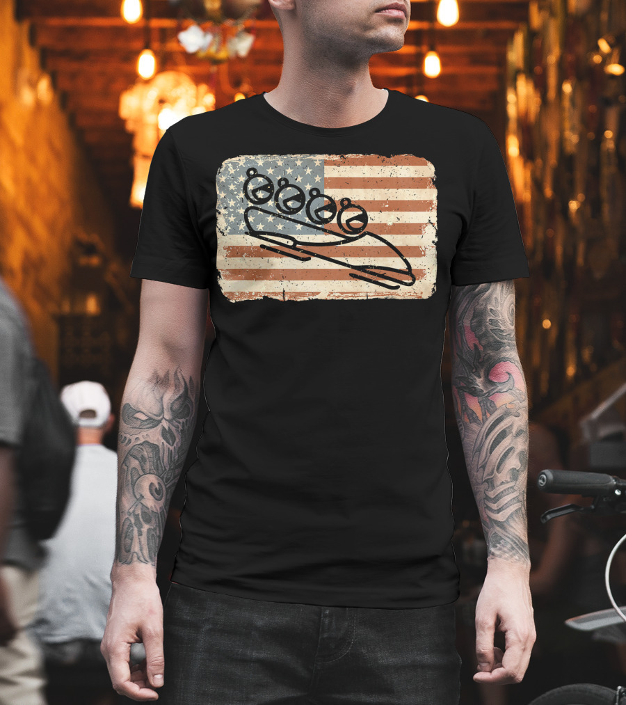 Vintage Bobsled Team On Distressed American Flag Background T-Shirt