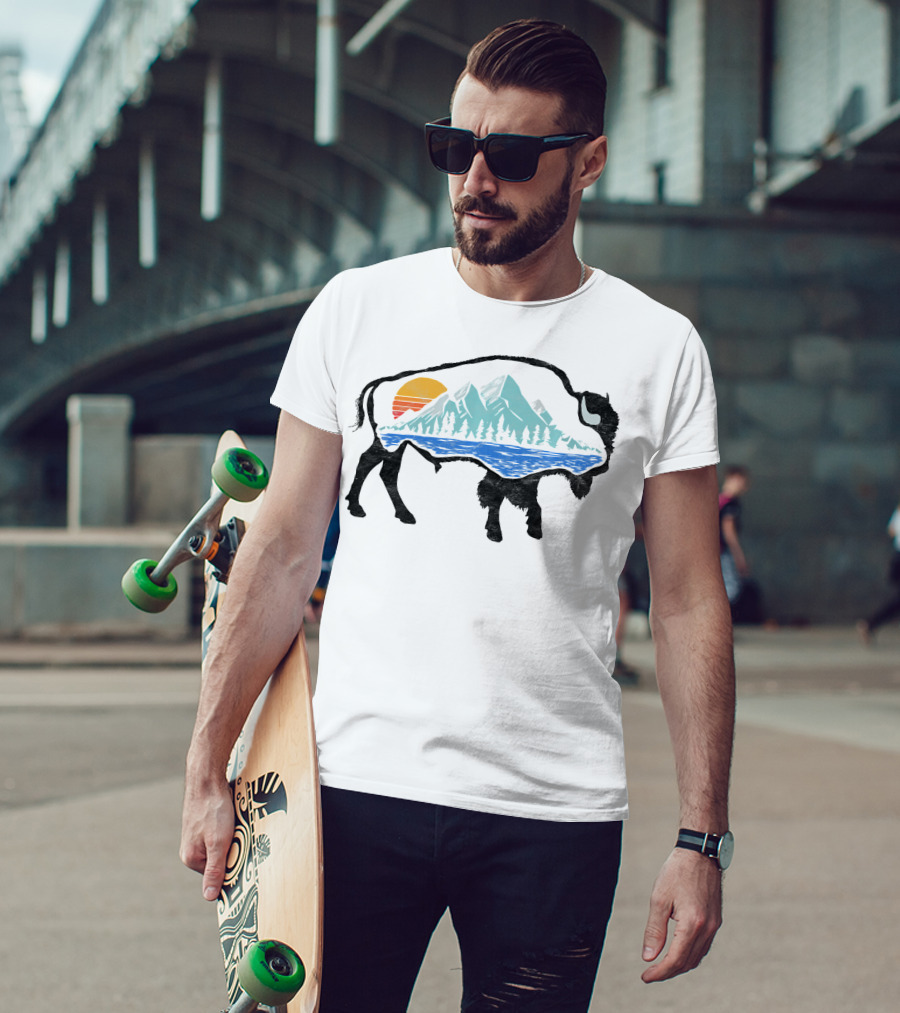 Vintage National Park Landscape Bison Mountain Sunset T-Shirt