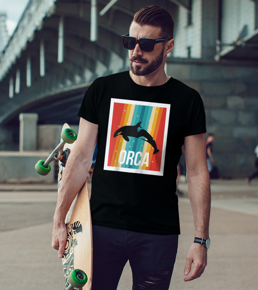 Vintage Orca Killer Whale Rainbow Stripes Retro Raglan Baseb T-Shirt