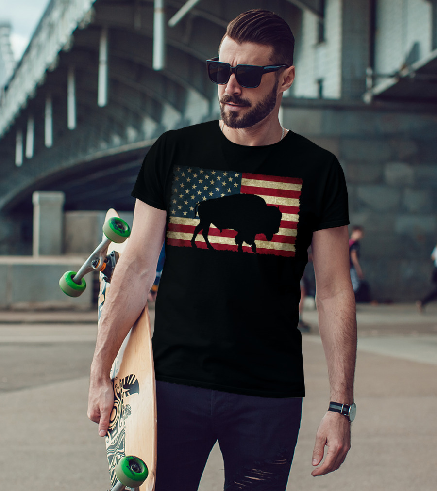Vintage Buffalo Silhouette Over American Flag USA T-Shirt