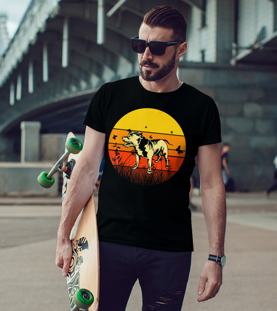 Vintage Pitbull Sun Animal With Butterflies And Birds T-Shirt
