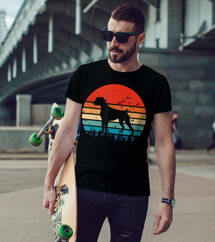 Vintage Boxer Dog Silhouette Retro Sunset Stripes Forest Scene T-Shirt