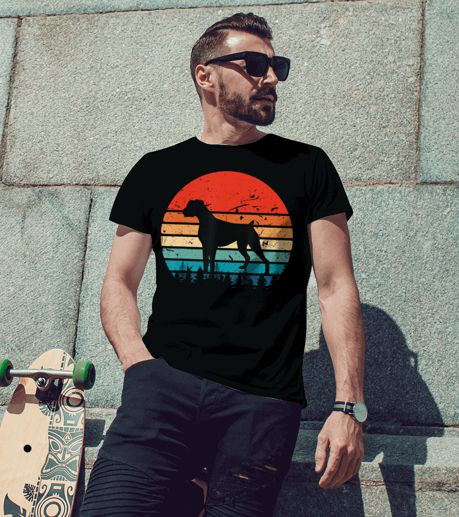Vintage Boxer Dog Silhouette Retro Sunset Stripes Forest Scene T-Shirt