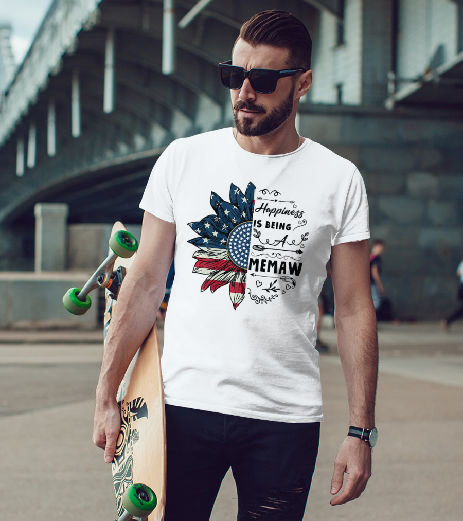 Happiness Is Being A Memaw Sunflower American Flag T-Shirt