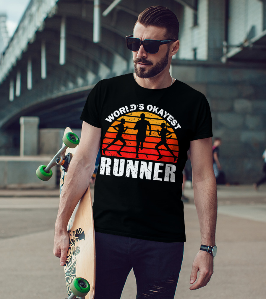 World's Okayest Runner Sunset Silhouette Sprinting Marathon T-Shirt