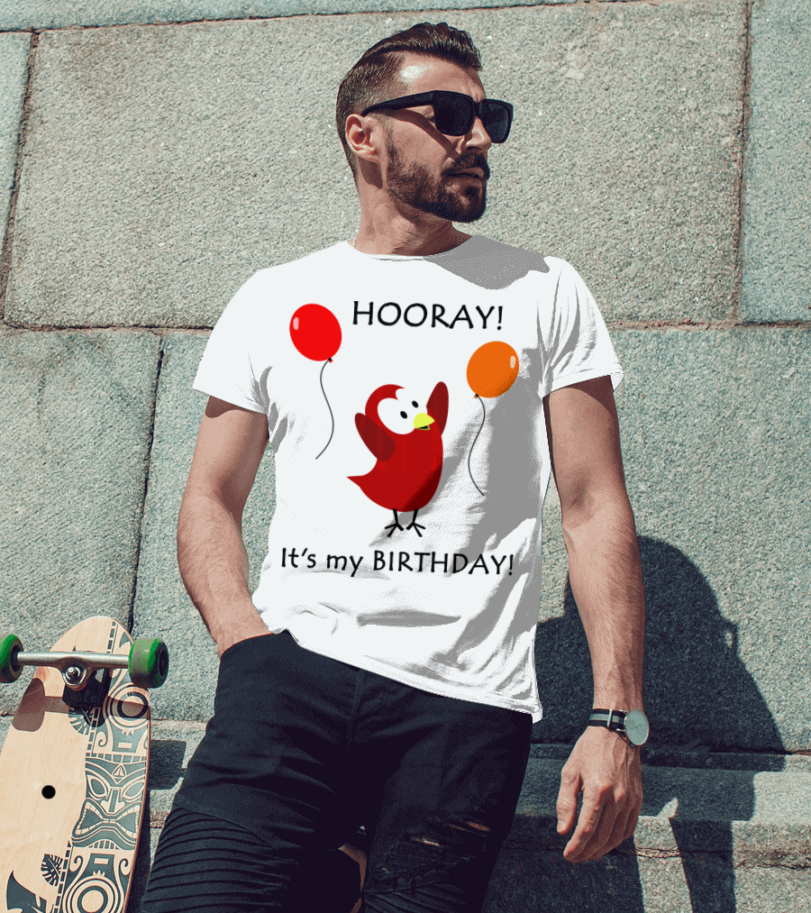 Hooray It's My Birthday Sammy Bird With Red And Orange Balloons T-Shirt