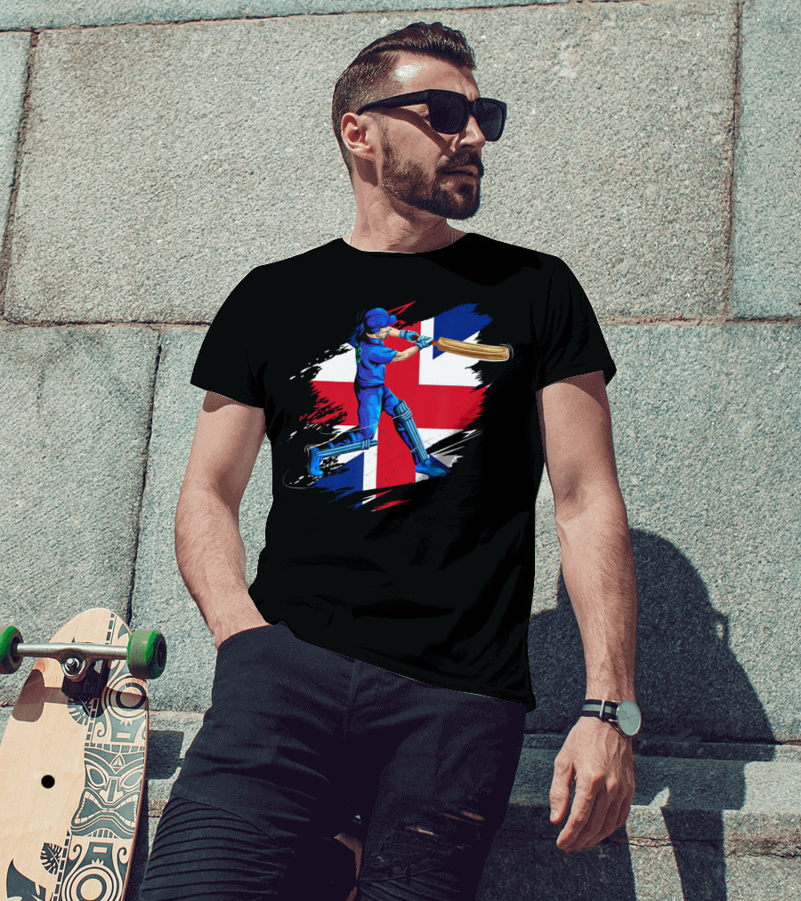 England Cricket Team English Cricket Batter Union Jack Background T-Shirt