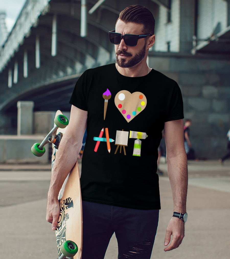 I Love Art Fun Colorful Future Artist Heart Palette Paintbrush Pencils Easel Tube T-Shirt