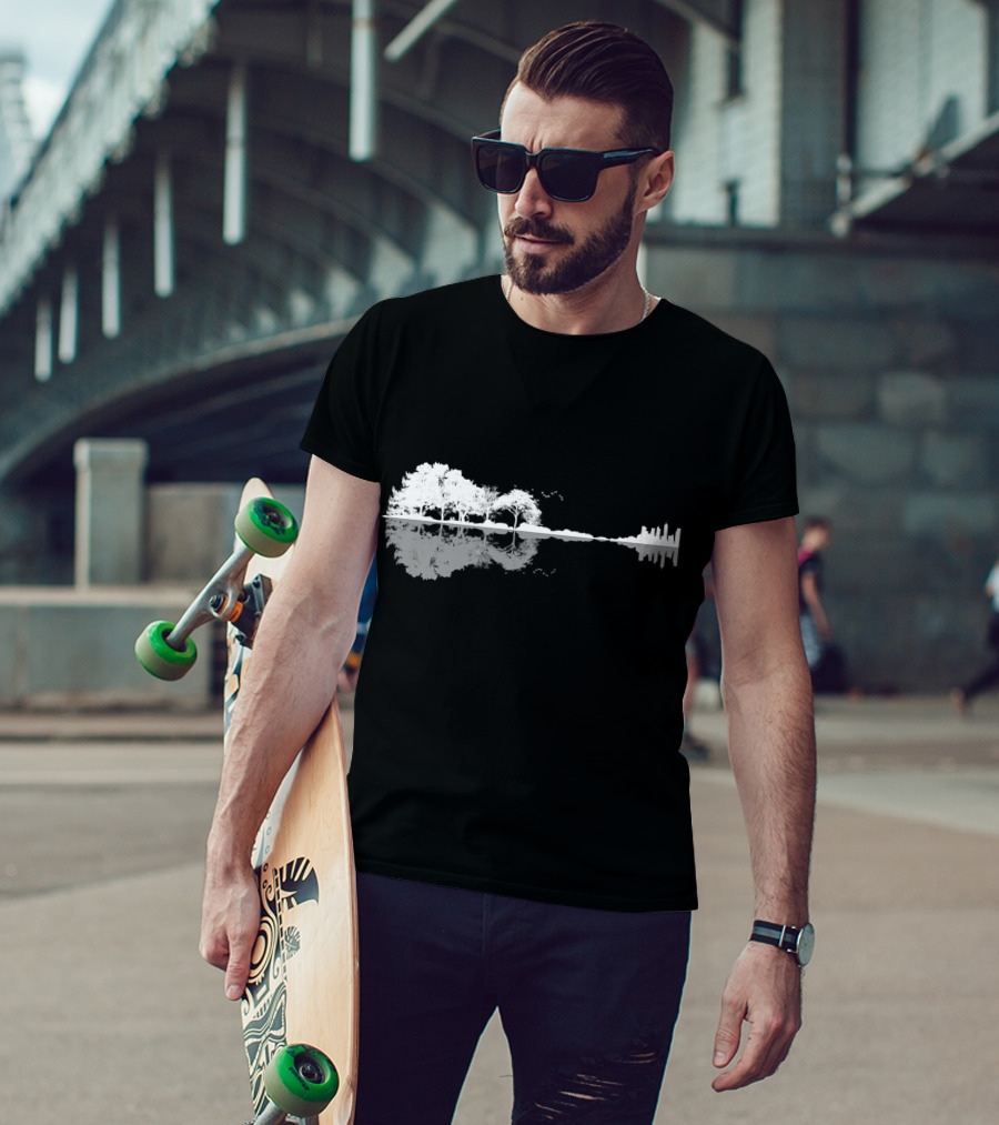Acoustic Guitar Nature Forest Tree Reflection And Skyline T-Shirt
