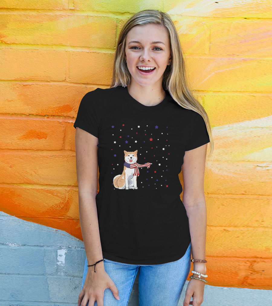 Akita Inu Patriotic American Flag Scarf Stars T-Shirt