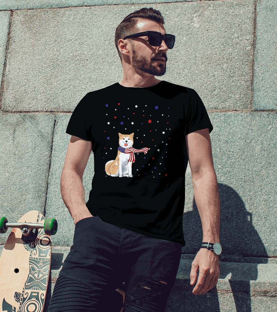 Akita Inu Patriotic American Flag Scarf Stars T-Shirt