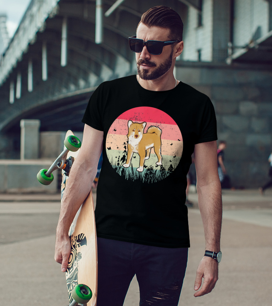 Akita Inu Vintage Retro Akit Circle Silhouette With Stripes And Butterflies T-Shirt