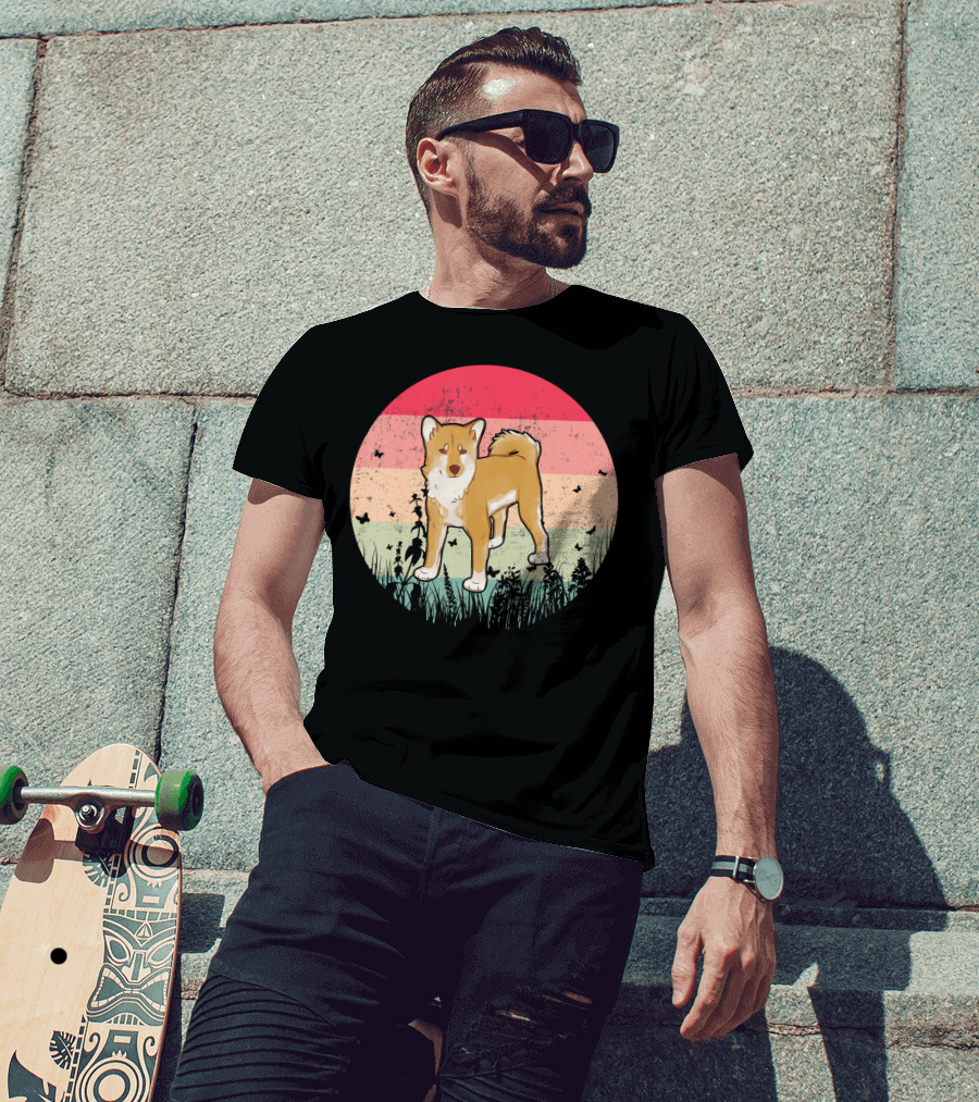 Akita Inu Vintage Retro Akit Circle Silhouette With Stripes And Butterflies T-Shirt