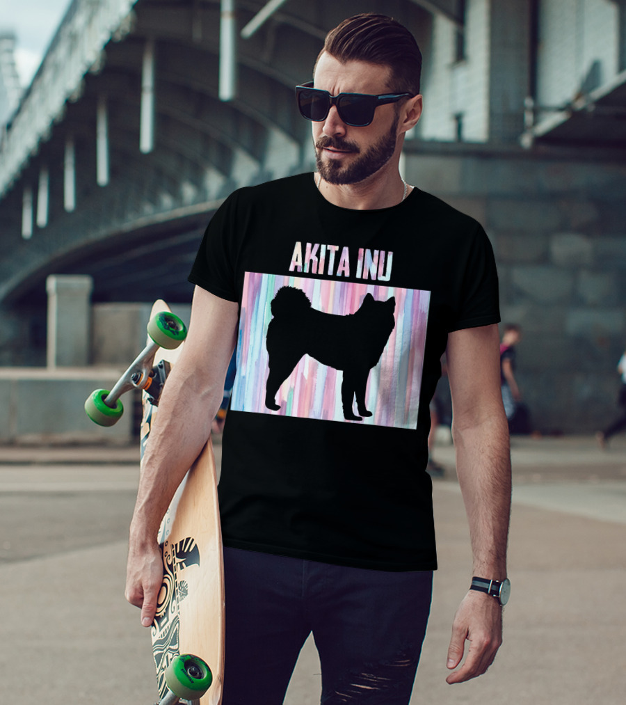 AKITA INU Silhouette On Pastel Watercolor Stripes T-Shirt
