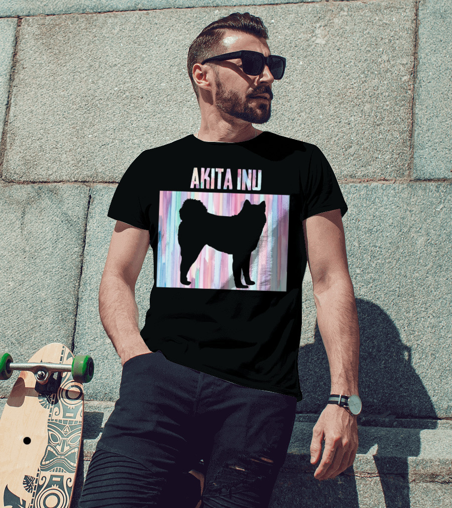 AKITA INU Silhouette On Pastel Watercolor Stripes T-Shirt