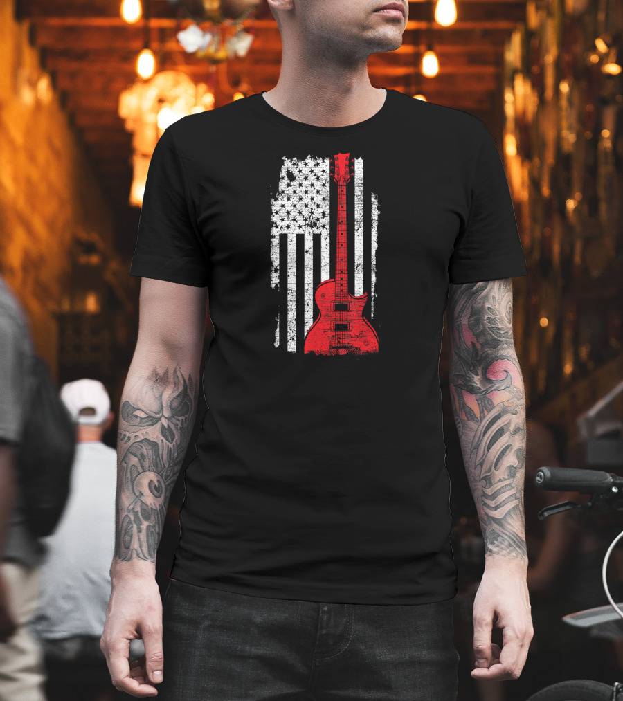 Red Guitar American Flag USA Music T-Shirt